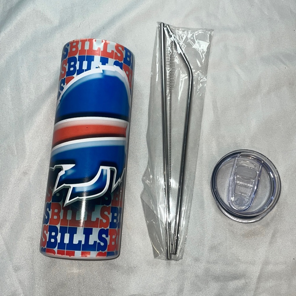 NFL Bills 20 oz skinny sublimation tumbler cup with straw and lid